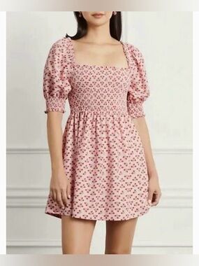 Hill House Mini Dress in Pink Floral with Puff Sleeves